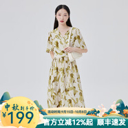 艾萊依（ERAL）商場同款連衣裙女新款法式碎花小清新連衣裙收腰夏季中長款裙子 綠底色花 S 155/62A