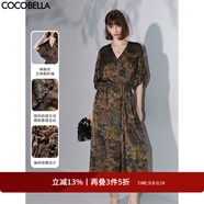 COCOBELLA[清平樂]新中式緞面印花連衣裙國風(fēng)V領(lǐng)大碼長裙FR0037-2 清平樂 S