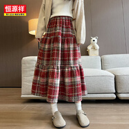 恒源祥甜美復古高腰a字傘裙顯瘦蛋糕裙女秋冬日系中長(cháng)款毛呢格子半身裙 紅格 S