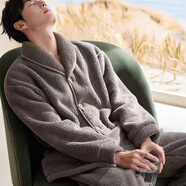 栢啟歆睡衣男秋冬加絨加厚珊瑚絨保暖青少年純色可外穿睡衣家居服套裝 珊瑚絨睡衣男【淺空灰】 XL （120-140斤）