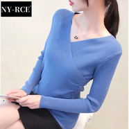 NY-RCE春秋裝打底針織衫女新款交叉上衣v領(lǐng)洋氣半袖毛衣百搭 【長(cháng)袖】寶藍色 M