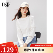 歐莎（OSA）白色薄款T恤女士長袖寬松女裝2025年秋新款季蕾絲拼接上衣百搭 白色 M