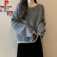 皮爾卡丹（pierre cardin）法式小香風(fēng)亮片套頭毛衣內搭女春秋冬大碼胖mm顯瘦灰色針織衫上衣 深灰【今年流行/設計感小眾/冷淡系感/別致甜辣很仙 L 【100-120斤】