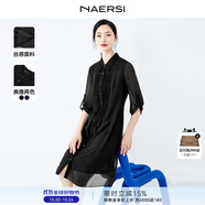 娜爾思（NAERSI）壓褶直筒寬松通勤顯瘦雪紡連衣裙新款襯衫裙 黑色 40/L