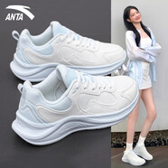 安踏（ANTA）女鞋運動(dòng)鞋子女秋季皮面防潑水氫科技跑步鞋輕質(zhì)耐磨休閑鞋旅游鞋 漫步2-象牙白/淺霧灰（革面） 37.5