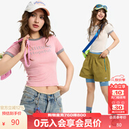 KAMA卡瑪設計感撞色印花圓領(lǐng)短袖T恤2025新款夏季女彈力短款上衣 粉色 M