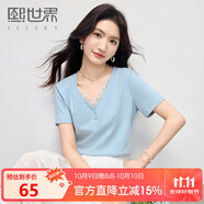 熙世界（sllsky）藍(lán)色蕾絲邊V領(lǐng)T恤短袖夏季2025新款百搭休閑棉質(zhì)正肩上衣 鹽水藍(lán) 2XL