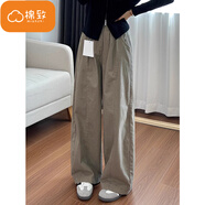 棉致美式復古工裝休閑褲子女秋冬季新款小個(gè)子高腰寬松顯瘦闊腿彎刀褲 1599卡其色【高品質(zhì)】 L 100-120斤