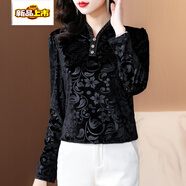 初徑高端黑色金絲絨打底衫女冬季洋氣加絨加厚長(cháng)袖上衣 黑色 常規 M (90-105斤)