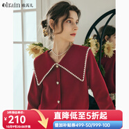 Olrain歐芮兒大翻領(lǐng)毛衣女春裝新款復(fù)古泡泡袖上衣 紅色 XL