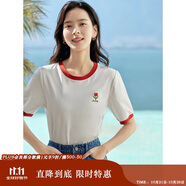茵曼涼感撞色繡花女裝正肩短袖t恤2025夏季新品打底衫上衣 珍珠白1 M