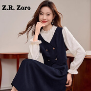 Z.R.Zoro輕奢品牌連衣裙女2025秋季新款時(shí)尚磨毛假兩件蕾絲拼接長(cháng)袖裙子女 藏青色 M
