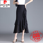 皮爾卡丹紅色魚尾裙半身裙女夏2025新款高腰不規(guī)則中長裙韓版雪紡包臀裙潮 黑色 裙長80CM M 【體重90-100斤】