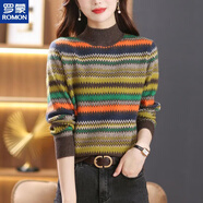 羅蒙（ROMON）2025新款針織衫女士秋冬加厚上衣撞色橫條紋毛衣大碼內搭打底衫衫 咖色 S 【80-90斤】