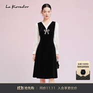 拉珂蒂（La Koradior）修身通勤時(shí)尚奢雅釘珠淑女撞色連衣裙氣質(zhì)裙 黑色 L