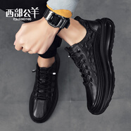 西部公羊頭層牛皮2025新款氣墊爆米花運動(dòng)休閑鞋真皮透氣增高皮鞋 黑色 單層 頭層牛皮 39 (245mm)