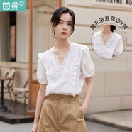 茵曼（INMAN）花邊純色v領(lǐng)襯衫女裝2025夏季新品泡泡袖短袖上衣 純白色 XL