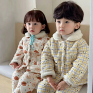 夾棉加厚兒童睡衣韓冬中小童三層加棉家居服寶寶加厚卡通保暖睡衣 彩格小白一套 80