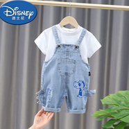 迪士尼（Disney）2025夏季新款兒童牛仔背帶褲套裝1-5歲寶寶洋氣兩件套男童七分褲2 白色 牛仔背帶褲套裝 80cm 可開檔
