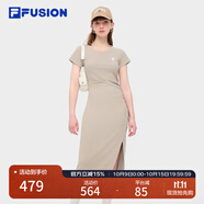 FILA FUSION斐樂潮牌女子針織連衣裙簡約修身開衩長款裙子 灰褐卡其-DK XS (155) 76A