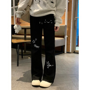 新款宅系萌系微喇休閑褲秋冬季小個子寬松闊腿休閑百搭顯瘦運動 黑色薄款 S