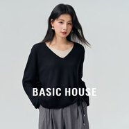 百家好（Basic House）休閑早秋假兩件側邊系帶收腰顯瘦長(cháng)袖針織衫女-B0624S5F602 黑色 M （90-120斤）