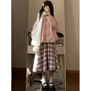 園翌miu里miu氣穿搭牛角扣毛衣針織開(kāi)衫格紋半身裙兩件套裝連衣裙長(cháng)裙 粉毛衣+格紋半身裙【兩件套裝】【毛衣慵懶高級感冬季 L