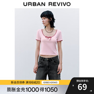UR2025秋季新款女裝時(shí)尚撞色蝴蝶結(jié)系帶修身短袖T恤UYY450123 粉紅 S