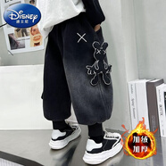迪士尼（DISNEY）男童褲子秋冬款牛仔褲保暖長(cháng)褲2023新款加絨加厚哈倫褲兒童工裝褲 黑色暴力熊加絨牛仔褲 80 cm