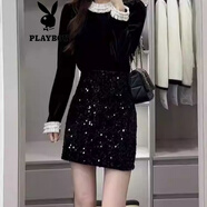 花花公子（PLAYBOY）2025新款小香風(fēng)套裝女春季黑色拼接長(cháng)袖襯衫高腰亮片半身裙兩件套 亮片半身裙（單件半身裙）官方旗艦版 2XL 126-145斤