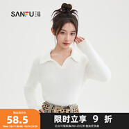 三福毛衣2024冬季V字翻領豹紋短款時尚上衣女裝495139 米白色 S
