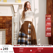 兩三事理想國(guó)度 2025春季新款文藝風(fēng)格子毛呢拼接高腰半身裙長(zhǎng)裙 咖啡色 S