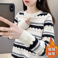 加絨加厚復古條紋毛衣女秋冬新款韓版寬松針織衫短款上衣打底衫 黑白【加絨】 加厚 L 105--115斤
