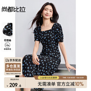 尚都比拉法式連衣裙女夏季方領(lǐng)堆堆袖復(fù)古波點(diǎn)抽褶開叉A字裙