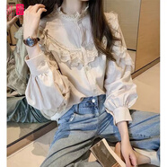舒翎春夏季新款氣質(zhì)蕾絲襯衫女復(fù)古燈籠袖宮廷風(fēng)半高領(lǐng)小眾設(shè)計(jì)感上衣 杏色 L 100-115斤