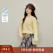 茵曼2025秋冬女裝新款麻花毛衣花邊V領(lǐng)寬松套頭長(cháng)袖針織衫 淺黃色 M