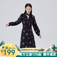 艾萊依商場同款新款系帶蝴蝶結(jié)法式氣質(zhì)連衣裙時尚百搭顯瘦長裙子 黑底色花 M 160/84A