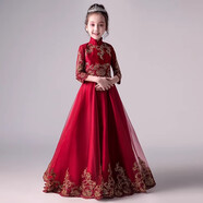 小咔衣濃兒童禮服公主裙花童婚紗小主持人女童鋼琴演奏演出服漢服大童秋冬 酒紅色長(cháng)款089-B5 140