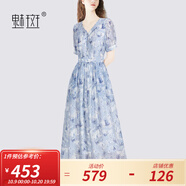 魅斑法式印花V領(lǐng)收腰新款連衣裙女2024夏季新款萊賽爾顯瘦連身裙 花色 M