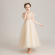 小咔衣濃小女孩公主裙女童花童婚禮蓬蓬紗兒童晚禮服主持人鋼琴演出服大童 香檳色長款 170