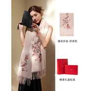 上海故事秋冬新款絲巾女用毛繡花披肩絲巾軟厚保暖長者禮盒 瑰麗多姿-奶杏色