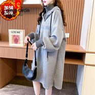 皮爾卡丹（pierre cardin）高領(lǐng)假兩件長(cháng)款連帽加絨衛衣女秋冬季新款韓版寬松百搭大碼連衣裙 灰色(加絨款) M 80-120斤