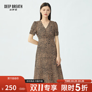 深呼吸DEEP BREATH女裝V領(lǐng)泡泡袖碎花連衣裙收腰茶歇裙A500169 豹紋 S (2碼)