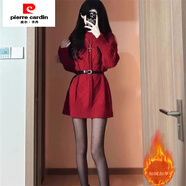 皮爾卡丹（pierre cardin）秋冬高領(lǐng)中長款連衣裙針織打底衫加絨加厚寬松內(nèi)搭小個子毛衣裙女 型號ZMJ01-安可拉紅【加絨】 S