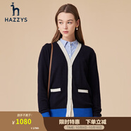 哈吉斯（HAZZYS）春秋款季女士針織衫撞色個性羊毛開衫ABYSD13AD11 藏青色NV XL (170/92A 42)