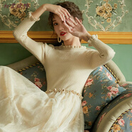 美安嘉新款秋冬黑色針織修身針織網(wǎng)紗裙小清新木耳網(wǎng)紗拼接氣質(zhì)打底裙子 杏色 XL