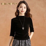 夏典素訂女王（SE.PSTP）金絲絨高貴洋氣兩件套裝連衣裙秋輕奢感民族風(fēng)半身裙 黑色上衣原創(chuàng  )輕奢大品牌官方旗艦 M 【85-105斤】