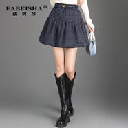 法貝莎復古格子花苞短裙女2025秋冬高腰百搭拼接褶皺蓬蓬a字半身裙 藍色 M