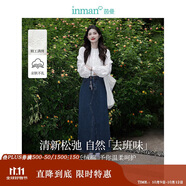 茵曼法式設計感荷葉袖立領(lǐng)襯衫秋季女裝重工繡花寬松上衣 米白 M 