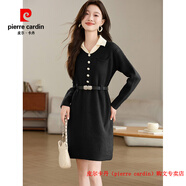 皮爾卡丹（pierre cardin）品牌高檔輕奢設計感假兩件翻領(lǐng)針織連衣裙2025女秋冬小個(gè)子顯瘦打 品牌高端新品-黑色 S